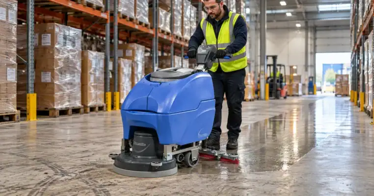 Operative in hi-vis walking a scrubber dryer down a warehouse aisle, the squeegee leaving a clean wet strip beside the tyre marked concrete