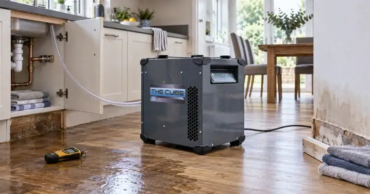 Cube dehumidifier draining into the sink cupboard after a kitchen leak, with a moisture meter on the wet floor and the skirting cut back to bare wall