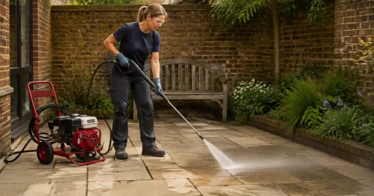 Woman in safety goggles washing a York stone patio with a petrol pressure washer lance, showing the cleaned flagstone against the still dirty slabs