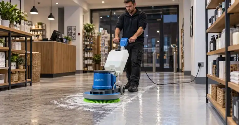 Operator making a first pass with a rotary floor scrubber across a polished shop floor, the brush leaving a ring of detergent on the terrazzo