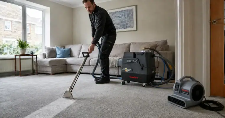 Operative pulling a carpet extractor wand across a living room carpet with the hot water extraction machine behind him and an air mover drying the doorway