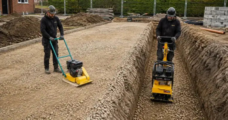 Operative compacting a new build driveway with a petrol wacker plate wearing a helmet, ear defenders, safety glasses, gloves and hi-vis