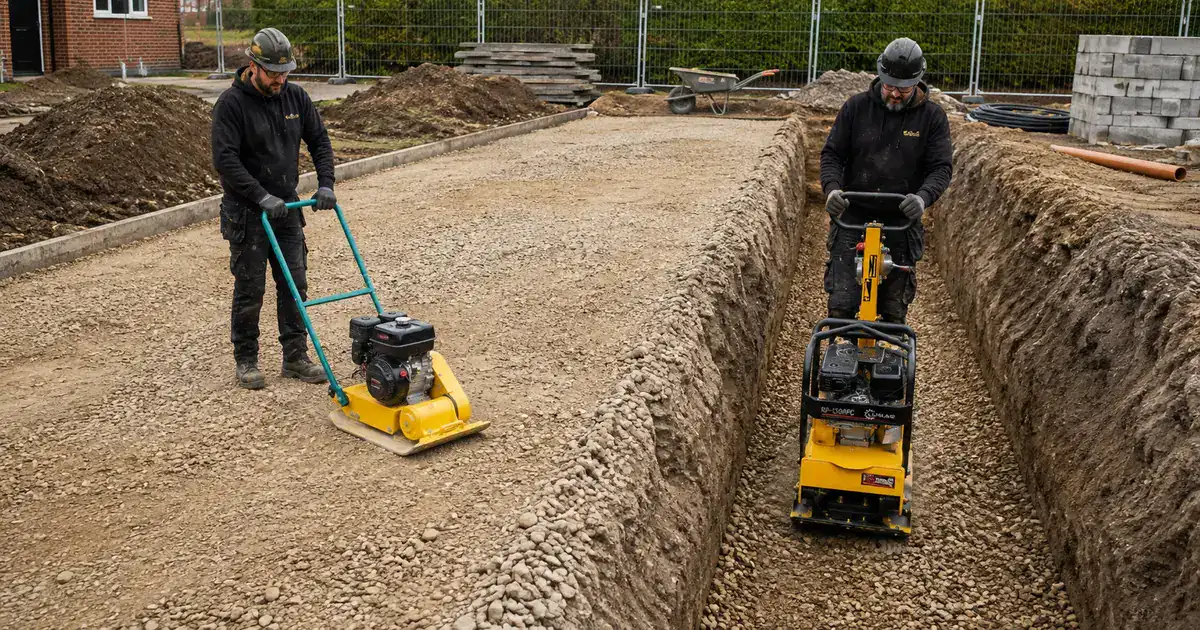 How to Use a Wacker Plate Safely 1 Operative compacting a new build driveway with a petrol wacker plate wearing a helmet, ear defenders, safety glasses, gloves and hi-vis
