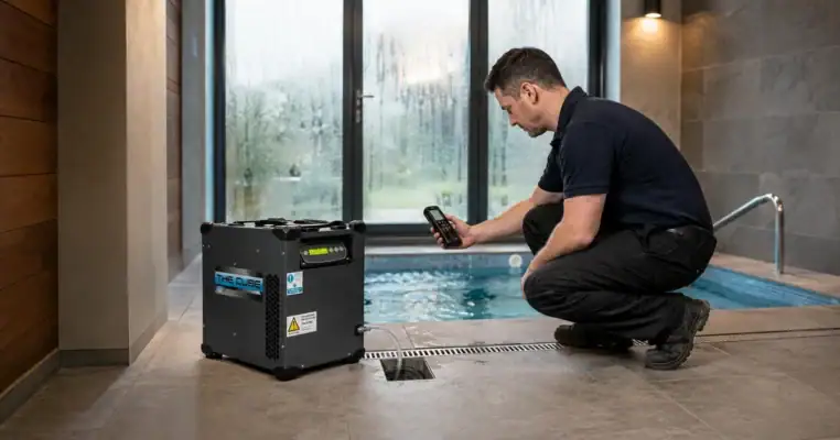 Engineer checking humidity beside a Cube dehumidifier draining to a channel in an indoor pool and spa room
