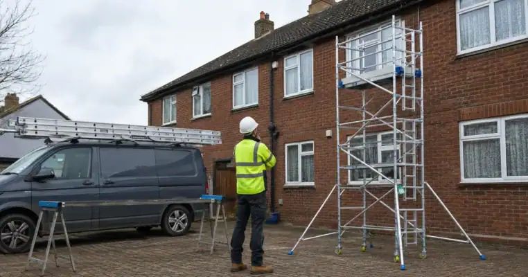 Tradesman standing between a ladder on a van roof and an erected scaffold tower at first floor level, choosing the right access