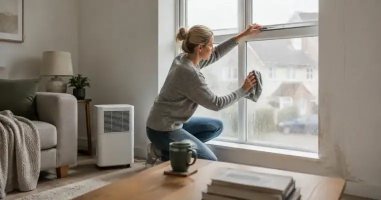Homeowner wiping condensation from the window of a new build living room with a domestic dehumidifier running beside the sofa