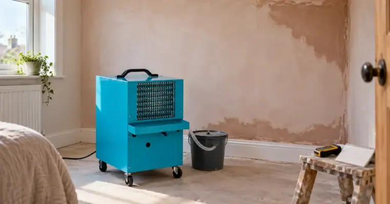 Hired dehumidifier draining into a bucket in a freshly plastered bedroom, with a moisture meter and notepad on the trestle by the door