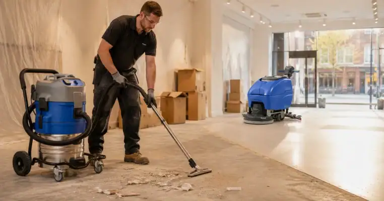 Cleaner vacuuming plaster debris from a shop fit out floor with an industrial wet and dry vacuum, a walk behind scrubber dryer waiting on the finished section