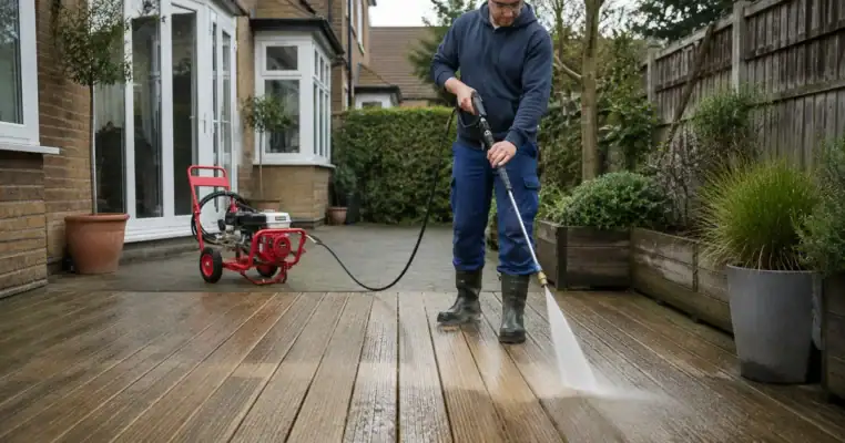 Man washing timber decking with a petrol pressure washer, showing the cleaned strip of board against the weathered decking beside it