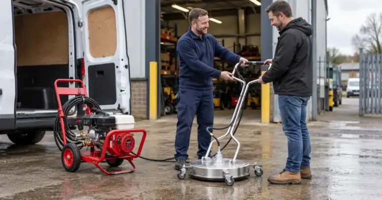 Hire depot staff member handing a rotary surface cleaner and a petrol pressure washer over to a customer beside an open van in the depot yard