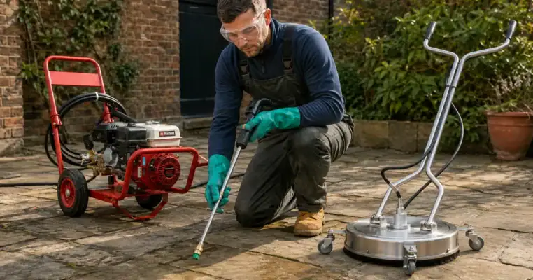 Operative in goggles and chemical gloves fitting the correct nozzle to a pressure washer lance on a stone patio, with a rotary surface cleaner alongside