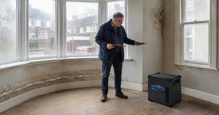Surveyor with a clipboard and a moisture meter recording a tide mark of rising damp under a bay window, with a Cube dehumidifier running in the corner