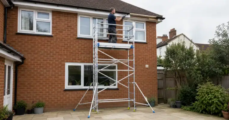 Tradesman fitting new fascia board at roof level from a mobile scaffold tower at the rear of a semi detached house