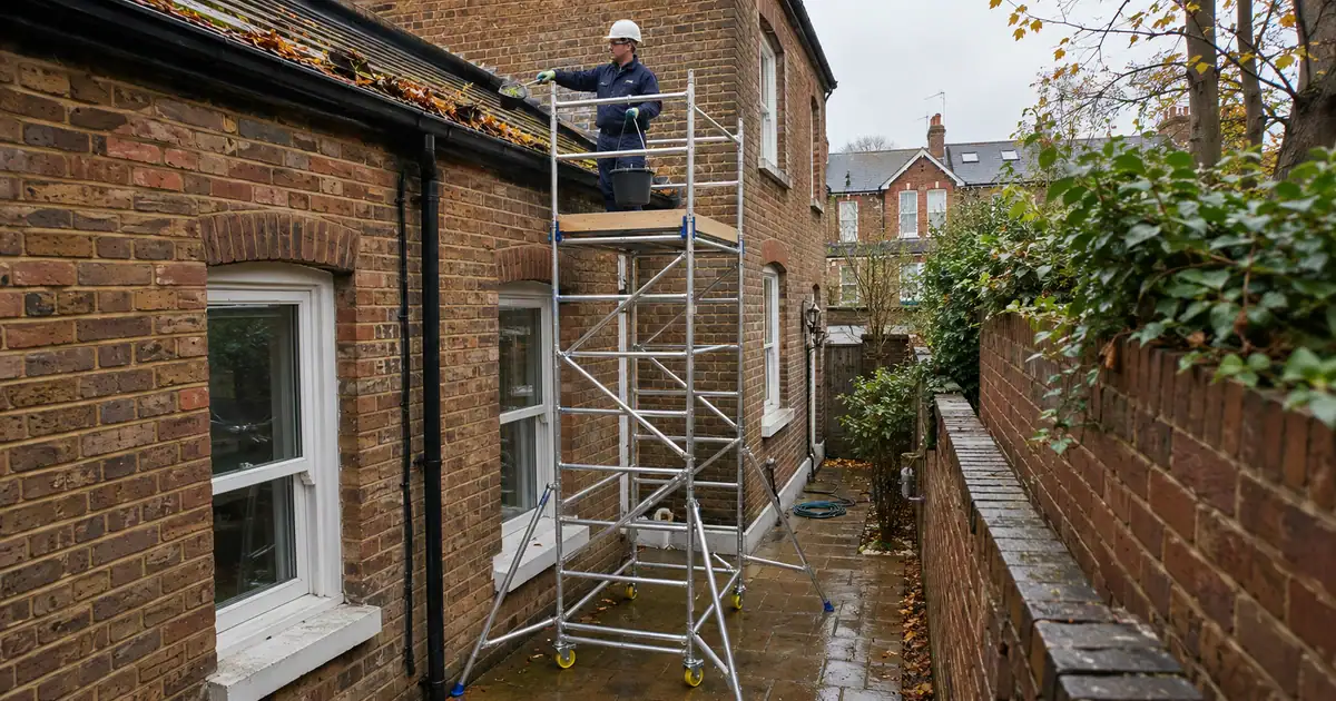 How to Clean High Gutters Safely (Without Balancing on a Ladder) 1 Operative clearing leaves from a gutter into a bucket from a tall narrow scaffold tower in the side alley of a Victorian terrace
