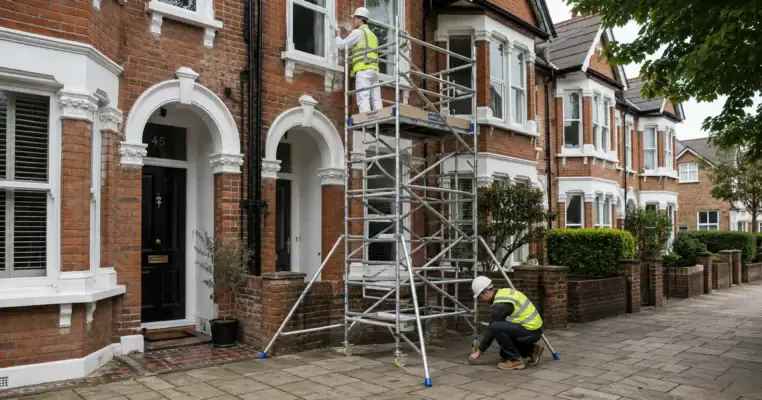 Aluminium scaffold tower set up outside a London terraced house with a decorator working at first floor window level and a second operative at the base