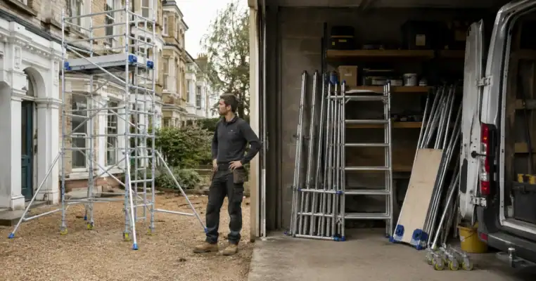 Erected scaffold tower outside a London townhouse beside a garage of stacked tower sections being loaded into a van