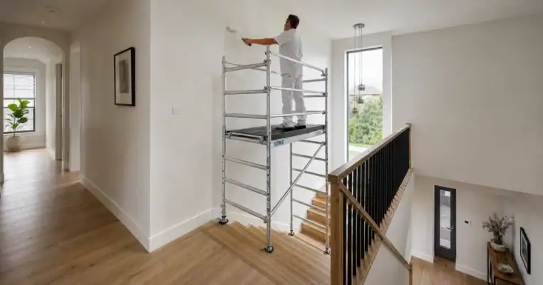 Narrow scaffold tower levelled over a staircase with a decorator painting the stairwell wall from the platform