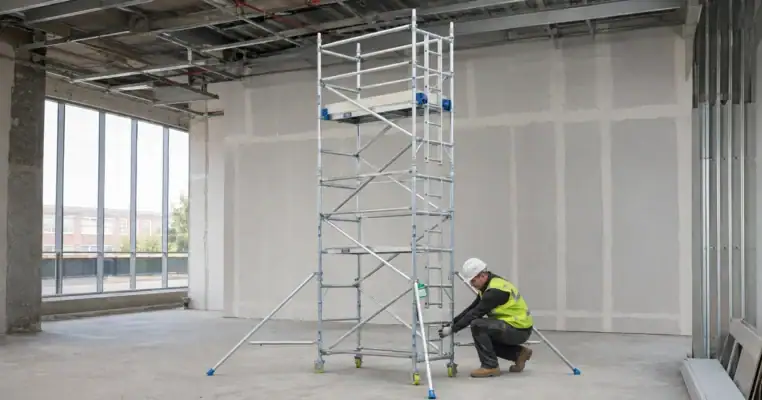 Operative fitting stabilisers to an aluminium scaffold tower on a commercial fit-out floor, wearing a helmet and hi-vis