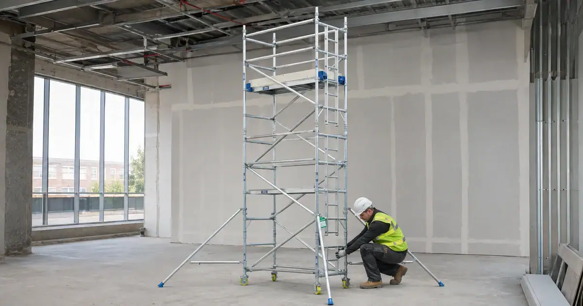 Scaffold Tower Safety & Compliance: What Hirers Need to Know 1 Operative fitting stabilisers to an aluminium scaffold tower on a commercial fit-out floor, wearing a helmet and hi-vis