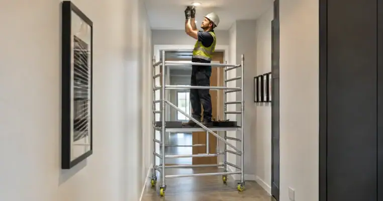 Electrician fitting a ceiling light from a small folding scaffold tower in a narrow hallway