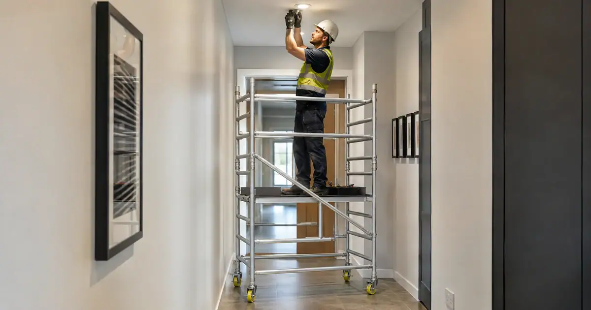Small and Folding Scaffold Towers: The Best Choice for Tight Access and Solo Jobs 1 Electrician fitting a ceiling light from a small folding scaffold tower in a narrow hallway