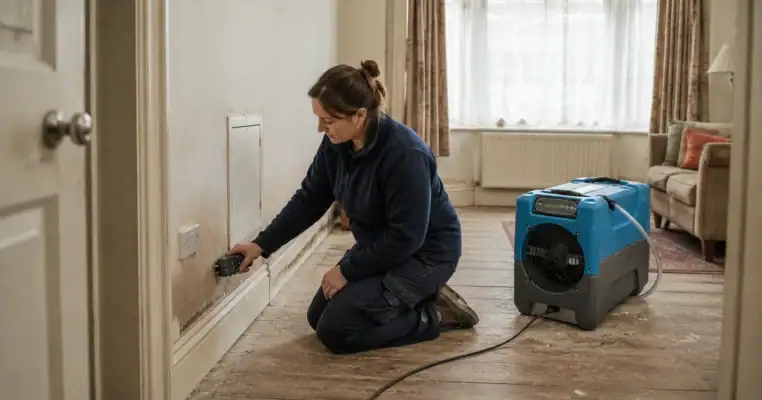 Damp technician kneeling with a moisture meter at a stained skirting board while an LGR dehumidifier runs on the bare floorboards behind her