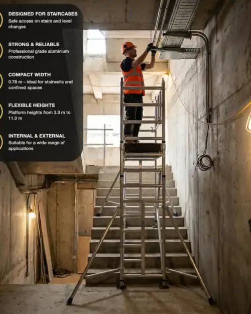 Operator working overhead from the platform of a staircase scaffold tower in a concrete stairwell
