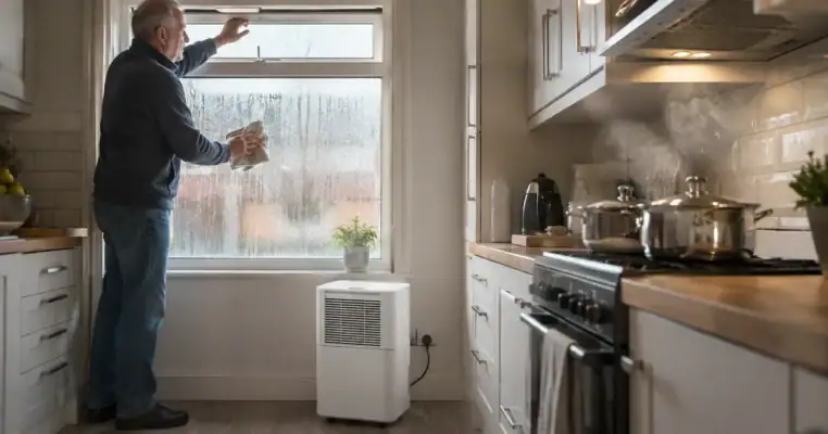 Man wiping condensation from a kitchen window while pans steam on the hob and a domestic dehumidifier runs on the floor below