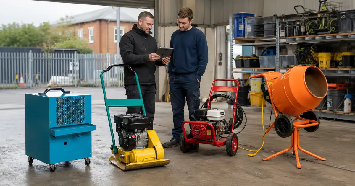 Tool Hire Trade Accounts Explained: How They Work and What You Save 1 Two tradesmen reviewing a hire account on a tablet at a London depot beside a dehumidifier, wacker plate, pressure washer and cement mixer