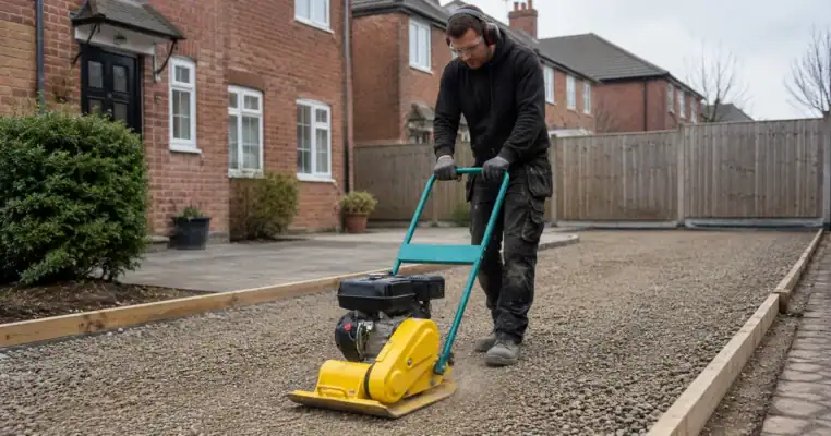 Operative compacting a gravel driveway with a petrol wacker plate compactor beside a timber edging board