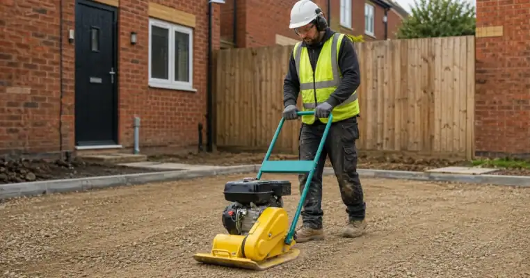 Hire desk staff member with a tablet handing over a petrol wacker plate to a customer at a London depot door, with a reversible plate on the racking behind