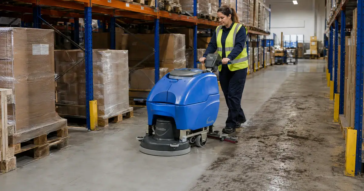 Walk-Behind vs Ride-On Floor Scrubber — Which Size Do You Need? 1 Operative in hi-vis walking a large scrubber dryer down a warehouse aisle, leaving a dry clean strip behind the squeegee next to the soiled concrete
