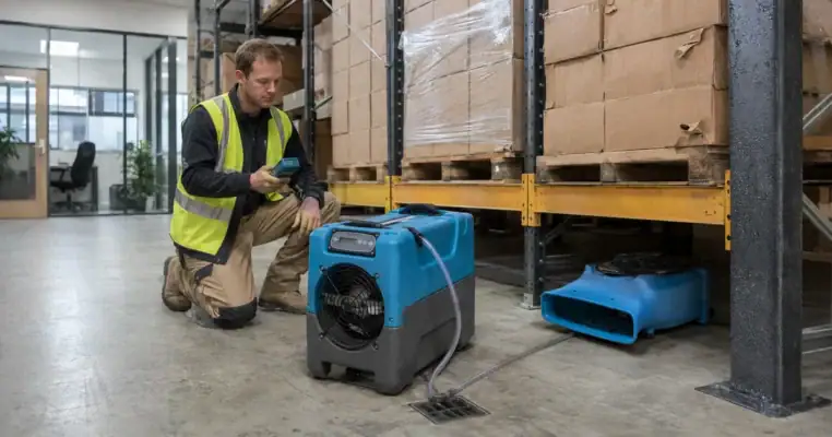 Warehouse operative checking humidity beside an industrial dehumidifier and an air mover under pallet racking with an office beyond