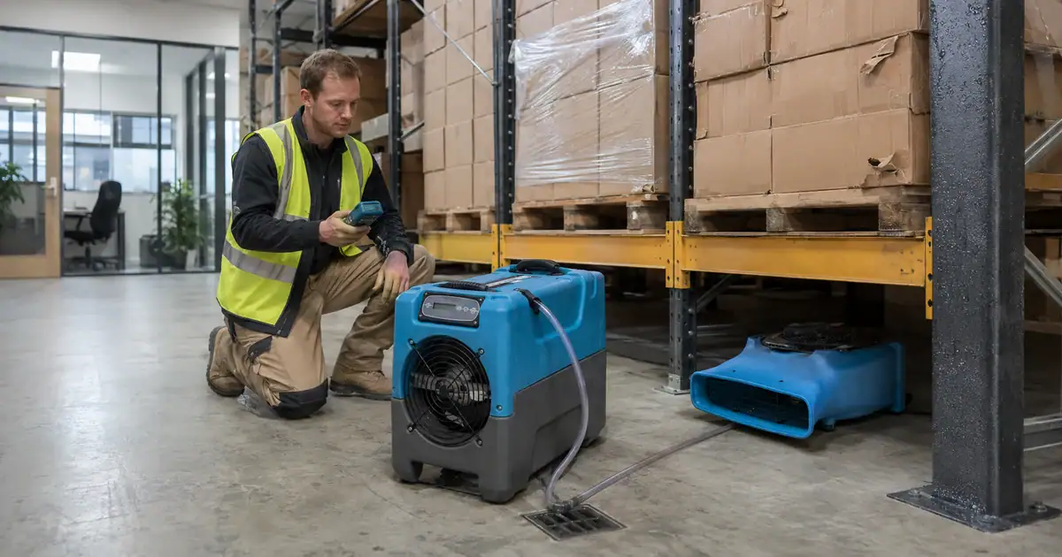 Warehouse and Office Humidity Problems: When You Need Industrial Drying 1 Warehouse operative checking humidity beside an industrial dehumidifier and an air mover under pallet racking with an office beyond