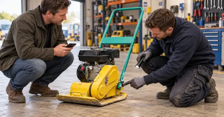 Customer photographing a damaged wacker plate on his phone while a depot engineer inspects the cracked casing with a torch in the workshop