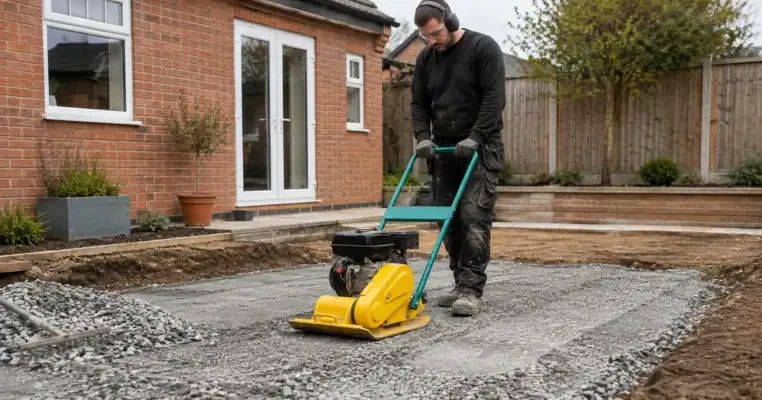 Petrol wacker plate compacting a stone sub-base for a new garden patio, showing the compacted strip it has already passed over
