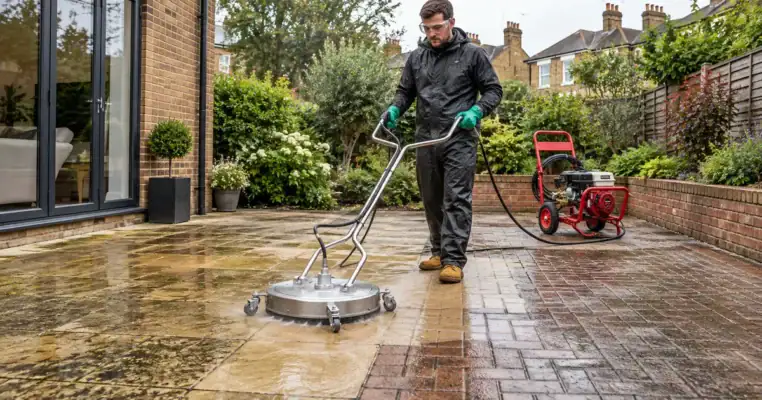 Operative running a rotary surface cleaner across a York stone patio fed by a petrol pressure washer, with the cleaned half of the paving showing against the dirty half