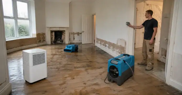 Technician taking a moisture reading in a stripped room with a wet floor, a small domestic dehumidifier, an LGR dehumidifier and an air mover running