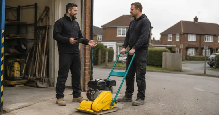 Hire desk staff member advising a customer on plate size at a London depot, a light plate in front and a heavier reversible plate on the racking behind