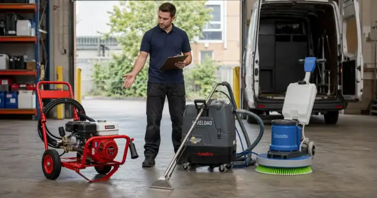 Hire depot staff member with a clipboard beside a petrol pressure washer, a carpet extractor and a rotary floor scrubber lined up in front of an open van