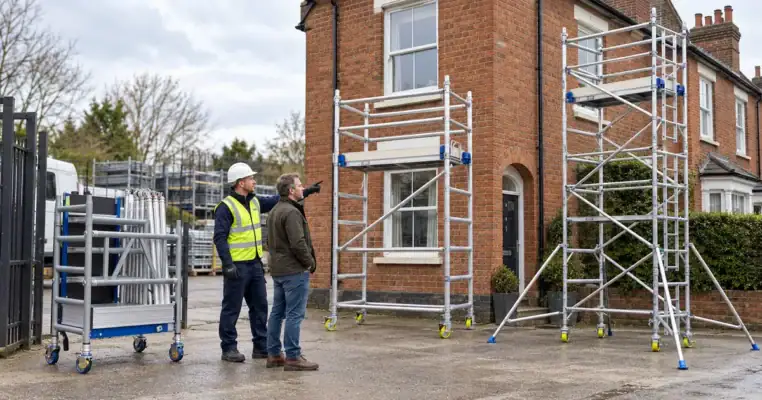Depot staff member in a helmet and hi-vis showing a customer three scaffold towers of different heights set up outside a brick house