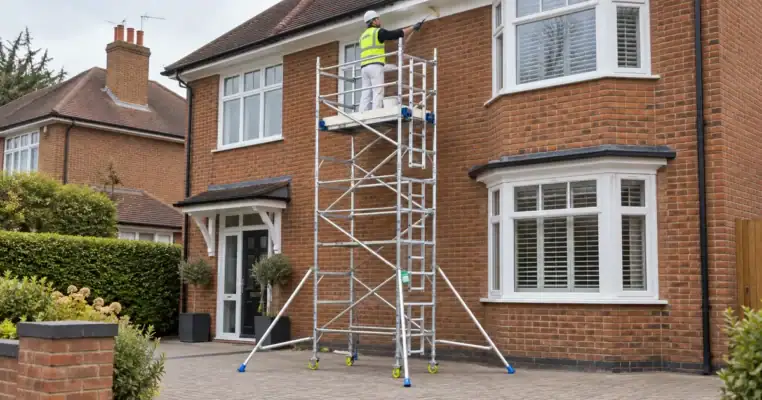 Decorator painting a fascia board from the platform of an aluminium scaffold tower set up on the driveway of a bay fronted house, stabilisers out